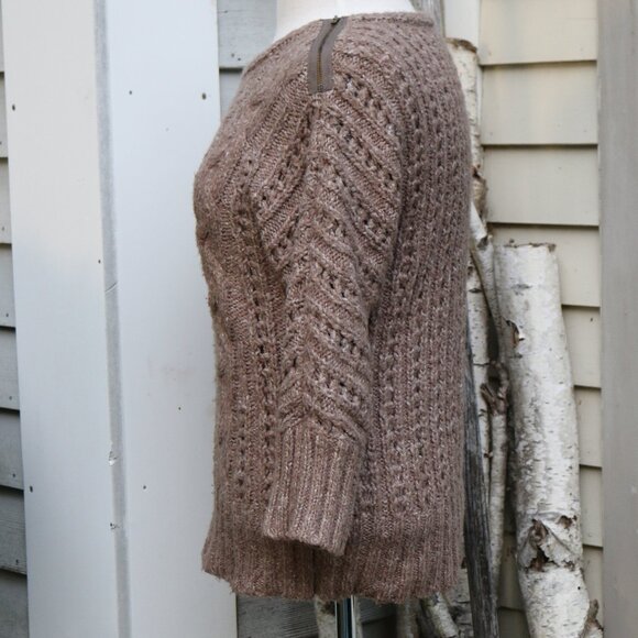 LOFT Mocha Brown Chunky Knit Zipper Shoulder 3/4 Sleeve Sweater Sz SMALL - Picture 3 of 7